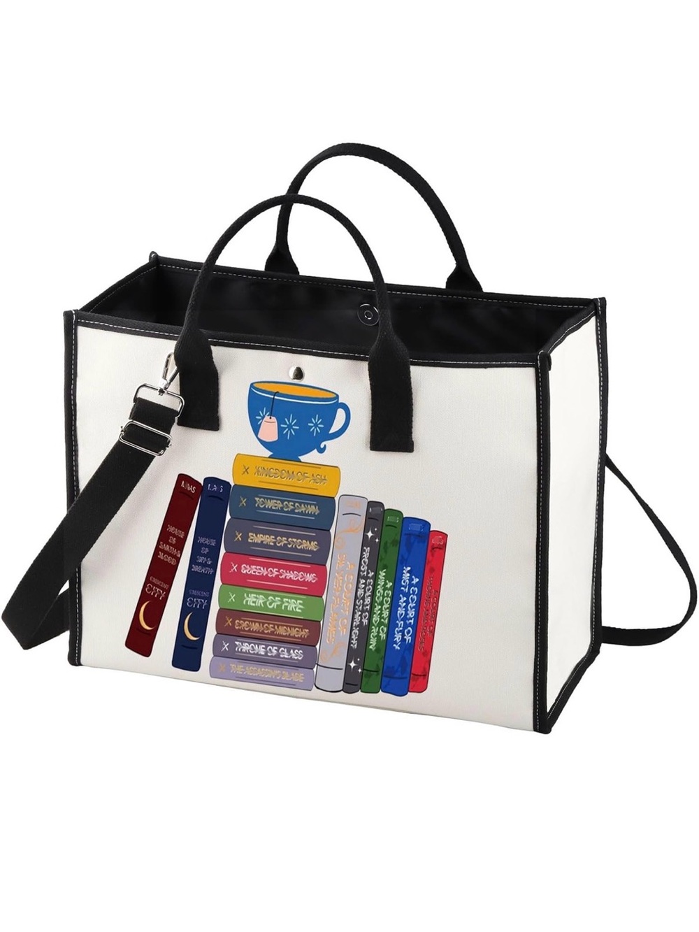 Canvas Book Tote Bag with Black Trim - White